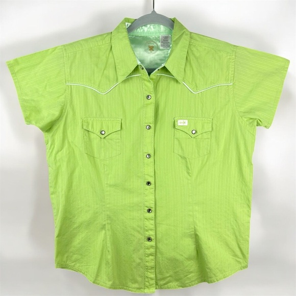 VTG Y2K 20 X Lime Green Short Sleeve Pearl-snap Western Button Up Women’s M - Picture 1 of 9